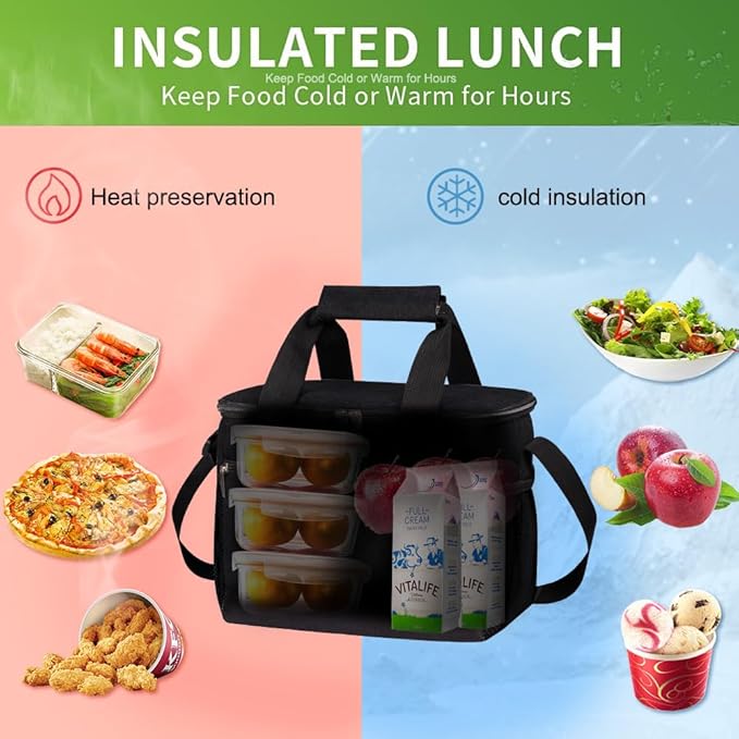 iknoe Insulated Lunch Bag, Foldable 8.5L Cooler Bag for Men & Women, Leakproof Thermal Design, Great for Office, Picnic, Travel, Lunch Box, Black without logo