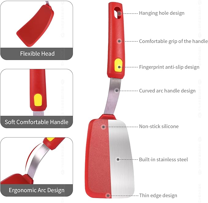 Kitchen Spatulas Silicone Turner Heat Resistant Melt Proof Spatula Set for Nonstick Cookware,Flexible Non Scratch Thin Spatula Wide,Angled and Flipper 3-pack for Frying Eggs,Pancake,Burger,Fish.Red