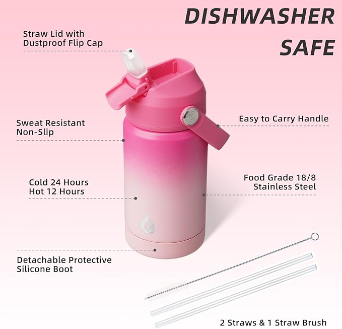 BJPKPK Insulated Water Bottle with Straw Lid, 12oz Thermo Water Bottles with Soft Nozzle, Flex Handle & Non-slip Boot, BPA Free Leak Proof Stainless Steel Metal Thermo, Tumblers, Cups,Cherry