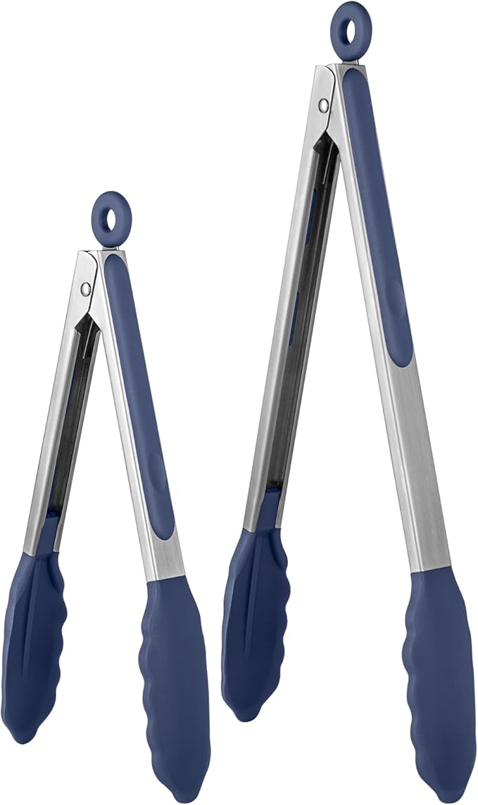 600ºF Heat Resistant Kitchen Tongs: U-Taste 9+12 inch Silicone Cooking Tong Set with Firm Sealed Non Stick Rubber Tips and Silicon Coated 18/8 Stainless Steel Handle for Serving Grilling-Midnight Blue