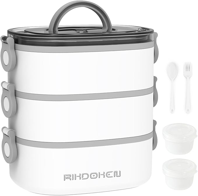 Lunch Box, Stackable 3 Layers Containers, Portable 94OZ Large Capacity Leakproof Bento Box with Spoon & Fork & Sauce Boxes, Microwave Safe Lunch Box for Kids and Adults