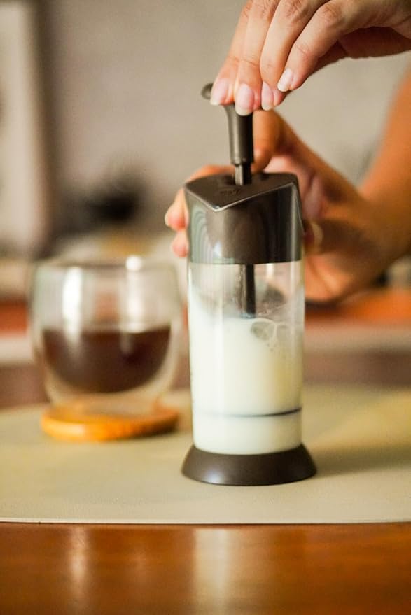 Manual Milk Frother - Handheld Milk Mixer, Warm & Cold Milk Foamer, BPA Free, Frother for Coffee & Drinks - Home & Coffee Bar Accessories, Kitchen Utensils & Tools - 6.8 oz, Black