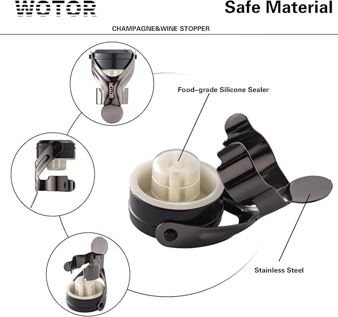 WOTOR Champagne&Wine Bottle Stoppers Stainless Steel with Food Grade Silicone, Leak Proof Keep Fresh Reusable Saver, Cork Suitable for Wine, Champagne, Cava, Prosecco and Sparkling (8 Pack Black）