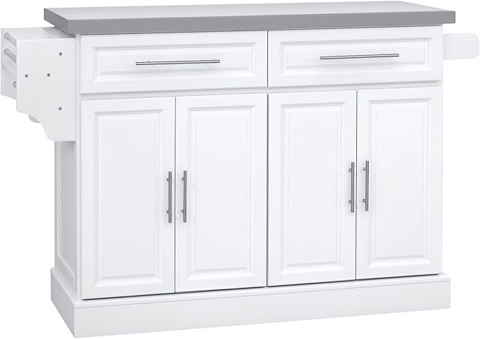 HOMCOM Rolling Kitchen Island Cart with Wheels, Portable Island Table for Kitchen with Stainless Steel Top, Adjustable Shelves, 2 Drawers, Spice, Knife and Towel Rack, White