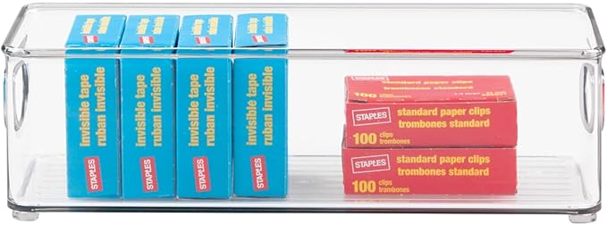 mDesign Small Plastic Office Storage Container Bins with Handles for Organization in Filing Cabinet, Closet Shelf, or Desk Drawers, Organizer for Notes, Pens, Pencils, Ligne Collection, 2 Pack - Clear