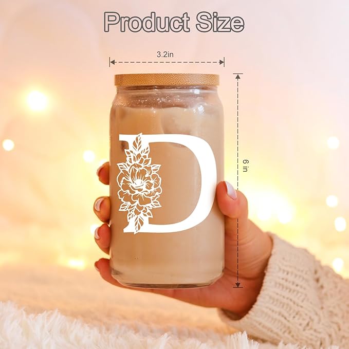 Coolife Initial Glass Cup, Monogrammed Gifts for Women, 16 oz Glass Cups w/Lids Straws, Iced Coffee Smoothie Beer Tumbler w/Straw Lid - Personalized Christmas, Birthday Gifts for Her Mom Friend Woman