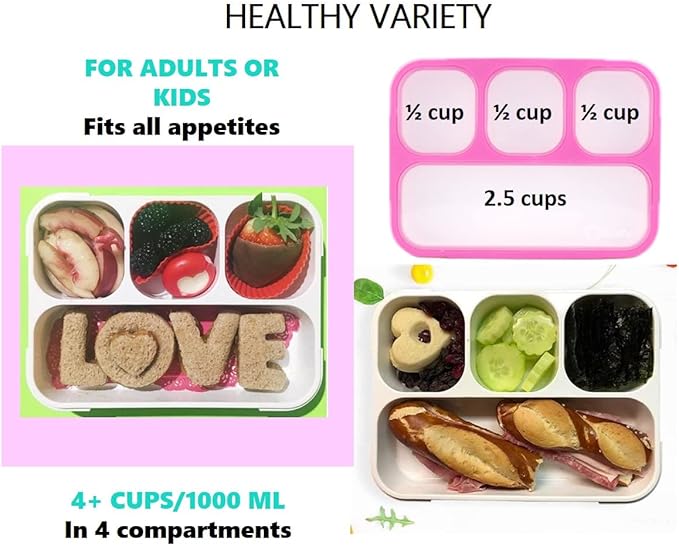 kinsho Bento Lunch Box Kids & Adults. Meal and Snack Containers for Boys, Girls for School Work Travel, 4 Sealed Divided Compartments, BPA Free, Utensils (Rose Pink, 1 Pack)