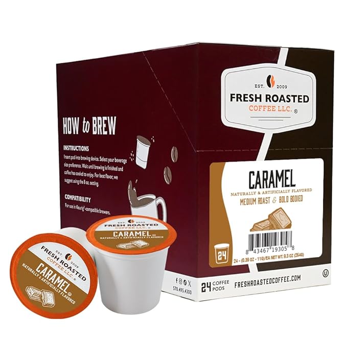 Fresh Roasted Coffee, Caramel, Flavored Coffee Pods, 24 Count