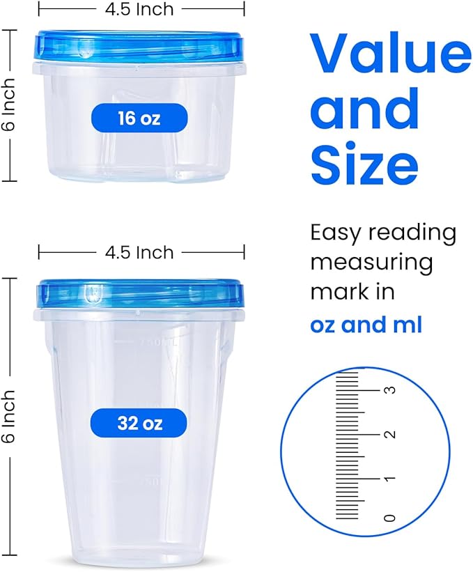 RFAQK Freezer Storage Containers with Lids-12 Plastic 32 oz Deli Containers with 12 Screw Lids-Freezer Containers for Soup with Twist Top Lids-Reusable Plastic Box for Lunch, Gym, Travel (48pcs-Mix)