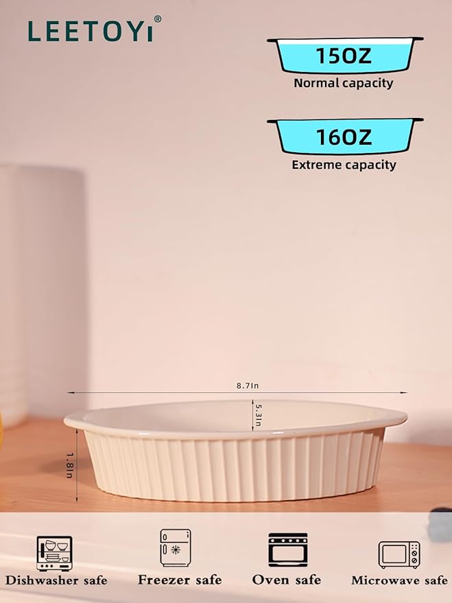LEETOYI Porcelain Small Oval Au Gratin Pans, Baking Dish Set for 1 or 2 person servings, Bakeware with Double Handle for Kitchen and Home, Set of 2 (White)