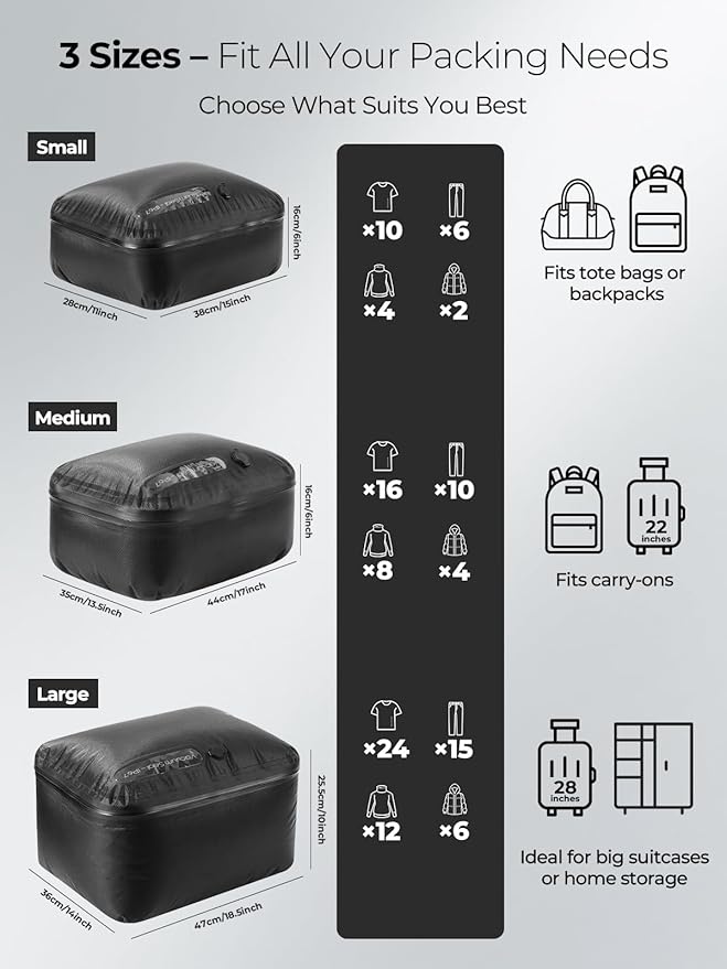 Vacuum Bags for Travel with Wireless Pump, 180° Open Zipper, IP67 Waterproof, Reusable Space Saver Compression Bags for Backpack, Suitcase, Home Storage(2 Pack + Pump)