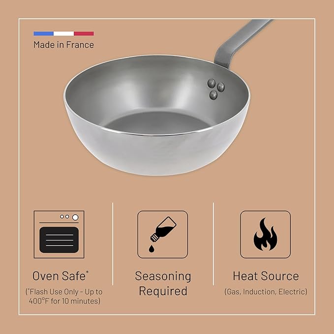De Buyer MINERAL B Carbon Steel Country Fry Pan - 11” Diameter, 7.7” Cooking Surface - Ideal for Sauteing, Simmering, Deep Frying & Stir Frying - PFAS, PFOA & PFOS Free - Made in France