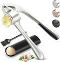 Kitchen Garlic Press, Rust Proof & Dishwasher Safe Garlic Mincer, Durable Garlic Crusher Set with Peeler＆Brush, Easy to Clean and Squeeze, Matte
