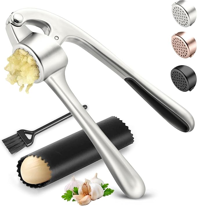 Kitchen Garlic Press, Rust Proof & Dishwasher Safe Garlic Mincer, Durable Garlic Crusher Set with Peeler＆Brush, Easy to Clean and Squeeze, Matte