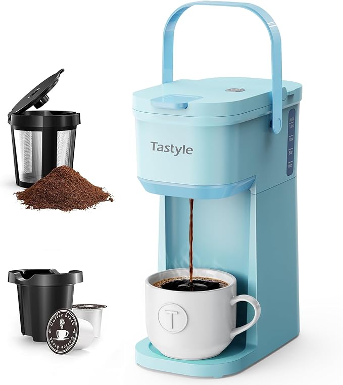 Single Serve One Cup Coffee Maker, for K Cups and Grounds, Mini Coffee Maker with Portable Handle, 6 to 12 Oz Brew Size, for Travel, Camping, Office, RV and Dorm, 120V, Aqua