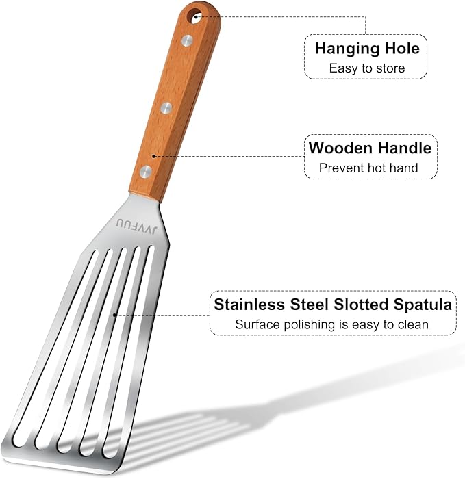 Fish Turner Spatula Stainless Steel, 11" Metal Slotted Spatula for Non Stick Pans, Grilling Salmon, Flipping Eggs & Pancakes,Easy to Clean,Heat-Resistant Wood Handle