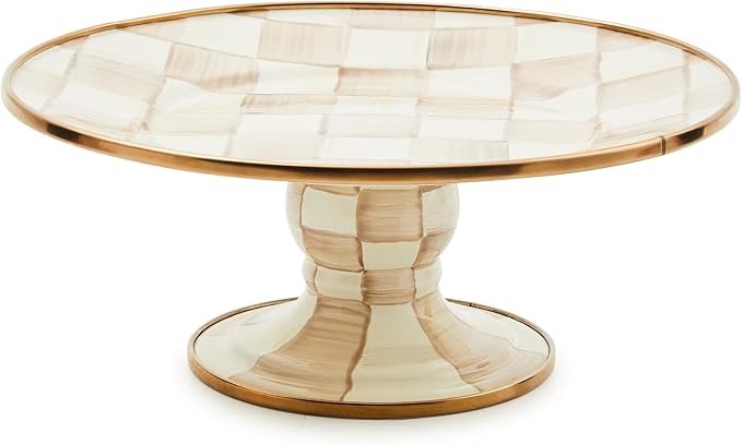MACKENZIE-CHILDS Enamel Pedestal Platter, Round Cake Stand, Large, Brown-and-White Mocha Check