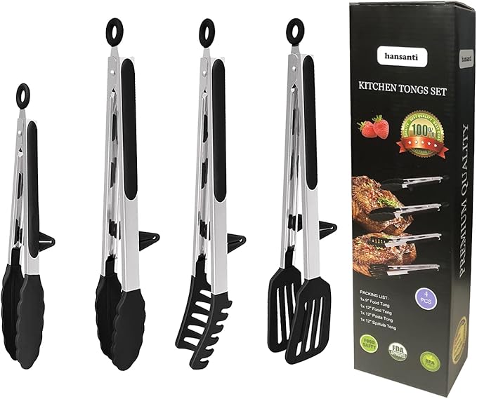 4 Pack Silicone Kitchen Cooking Tongs Set, Stainless Steel Nonstick Food Tong with BPA Free Silicone Tips for Serving Pasta Spaghetti Steak Pie Pizza Salad Vegetable Fruit Grilling BBQ Buffet 9" & 12"