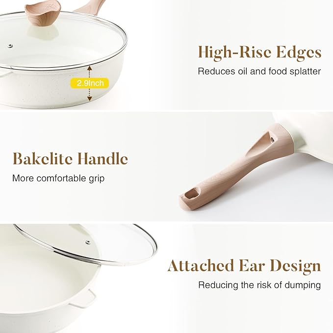 Kordisen Nonstick Ceramic Deep Frying Pan, 10 Inch Non Toxic Skillet with Lid, Healthy Jumbo Cooker, Saute Pan for Cooking, Induction Cookware, PFOA & PFAS Free (Cream)