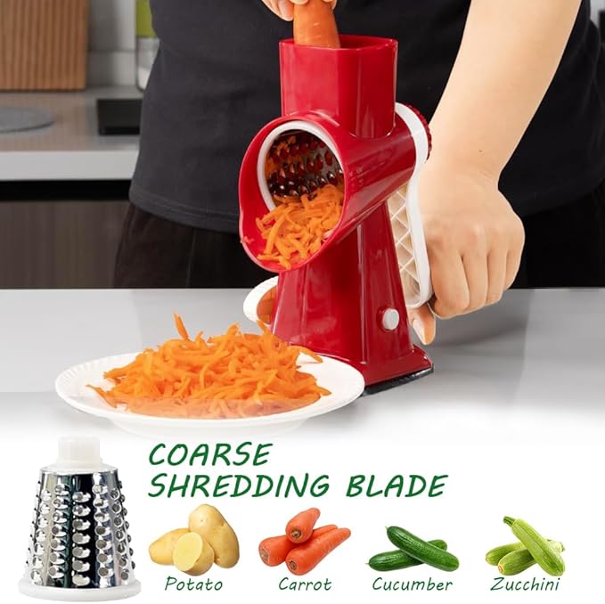 Cheese Grater with Handle, Multifunctional Manual Rotary Cheese Grater - Cheese Shredder Easily Chop Carrots, Potatoes, Vegetables and Fruits and Easy to Clean(red)