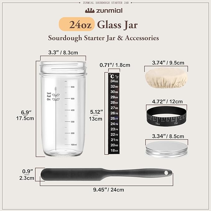 Sourdough Starter Jar, Sourdough Starter Kit with Date Marked Feeding Band, Thermometer, Cloth Cover & Metal Lid, Reusable Sourdough Bread Baking Supplies, Home Baking Supplies