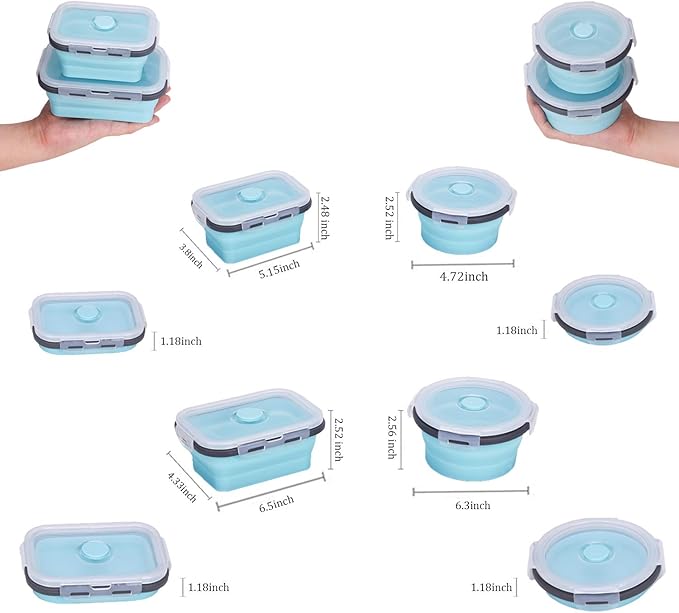 KUON Collapsible Silicone Food Storage Containers with Airtight Lids, Set of 4 Stacking Container, Microwave and Freezer and Dishwasher Safe, with Vent Valve, BPA Free (350ml and 500ml)