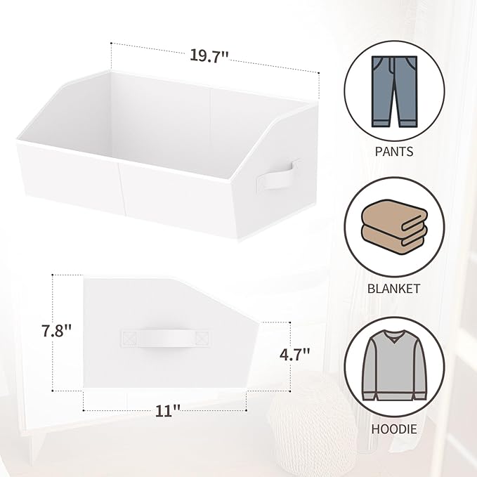 Storage Bins for Shelves - Large Trapezoid Closet Shelf Organizer, Fabric Organization Bins with Handles, Storage Baskets for Clothes, Towel, Purse, 4 Pack, White