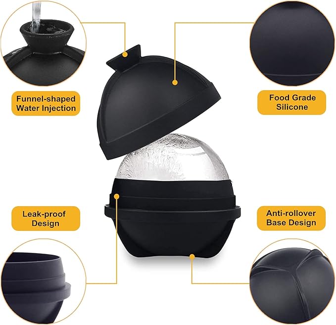 Sphere Ice Molds - 6 Pack - Silicone Ice Ball Molds with Built-in Funnel - Round Ice Cube Molds - Make 2.5 Inch Big Ice Sphere for Whiskey & Cocktails,Food Grade and BPA Free, Black