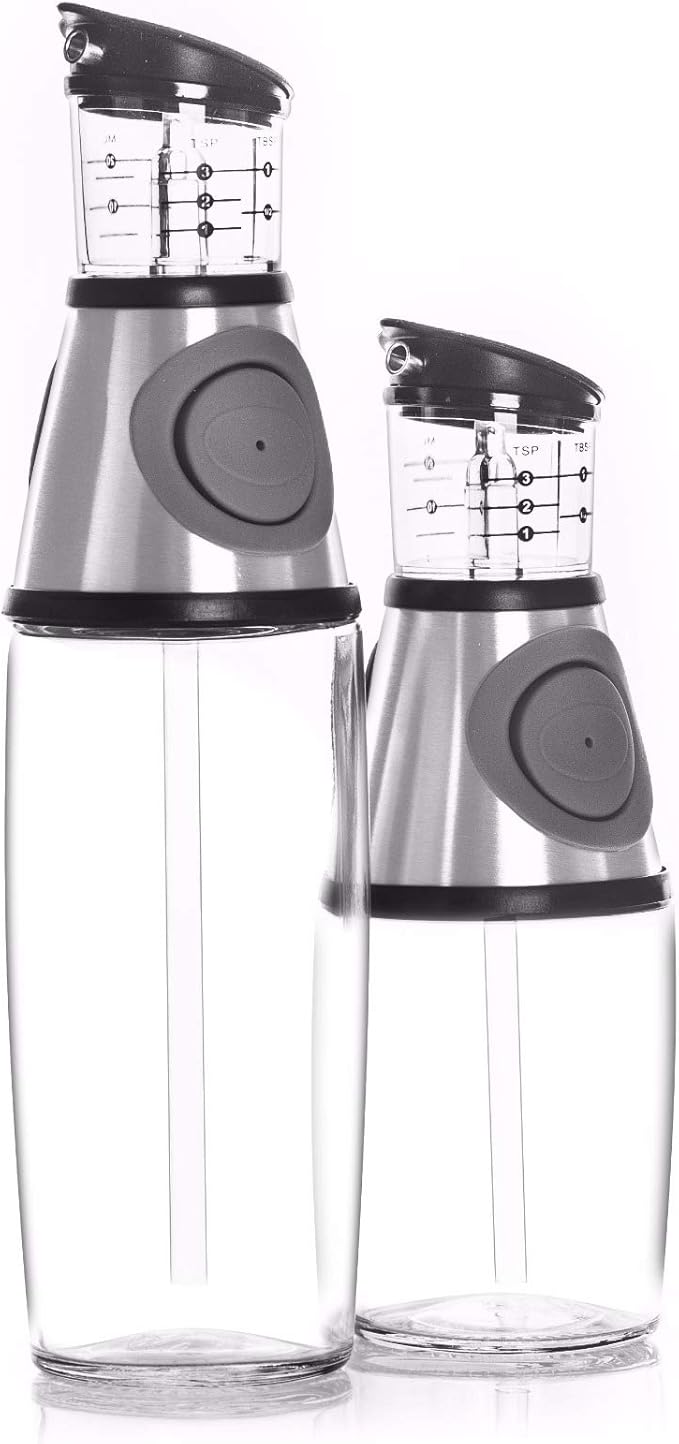 Belwares Olive Oil Dispenser Bottle with Pump - Oil Dispenser for Kitchen, Glass Oil and Vinegar Dispenser Set, Measured Cruet for Cooking - Ideal Oil Bottles for Kitchen Gadgets & Gifts, 2 Pack