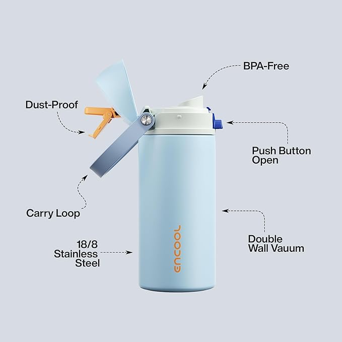 ENCOOL Insulated Water Bottle with Straw Stainless Steel Water Bottle with Push Button Lid, Leak-Proof & BPA-Free, Keeps Cold for 24 Hours for Sports, Travel, Gym (24 oz, Hazy Blue-Blue)