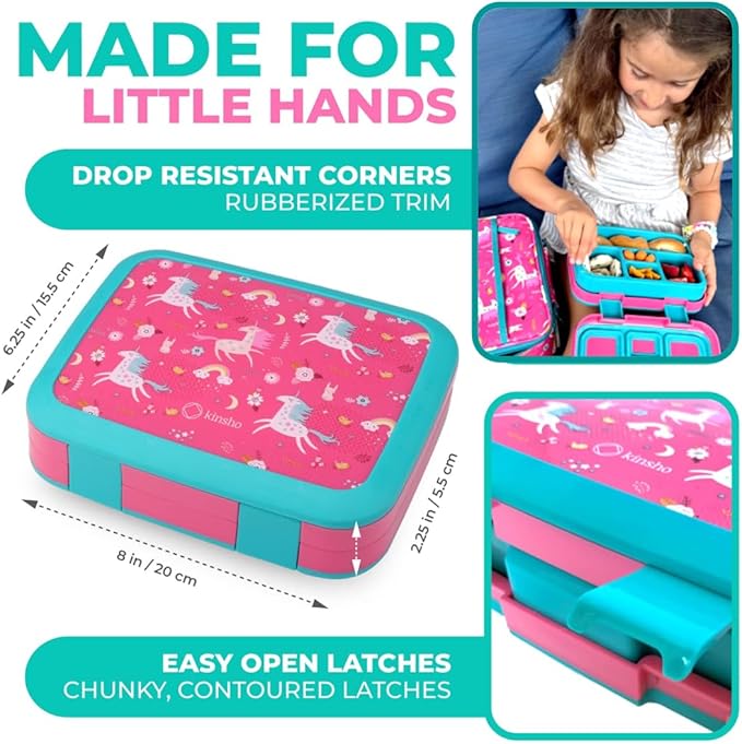 kinsho Unicorn Bento Lunch Box for Girls Toddlers, 5 Portion Control Sections, BPA Free Removable Plastic Tray, Pre-School Kid Toddler Girl Daycare Lunches, Snack Container Ages 3 to 7 Pink Unicorns