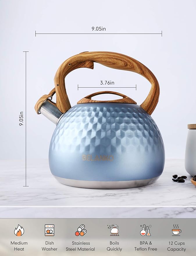 BELANKO 2.7 Quart Tea Kettle for Stovetop - Food Grade Stainless Steel with Diamond Texture, Designer Teapot Look, Cool-Touch Wood Pattern Handle, Whistling Spout - Glacier Blue