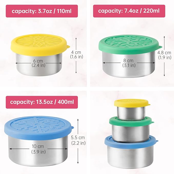 LALASTAR Stainless Steel Food Containers with Lids, Set of 3 Reusable Snack Containers (110 ml, 220ml, 400ml), Leakproof Silicone Lids, Metal Food Storage Containers for Snack, Lunch, Bento, Sauce