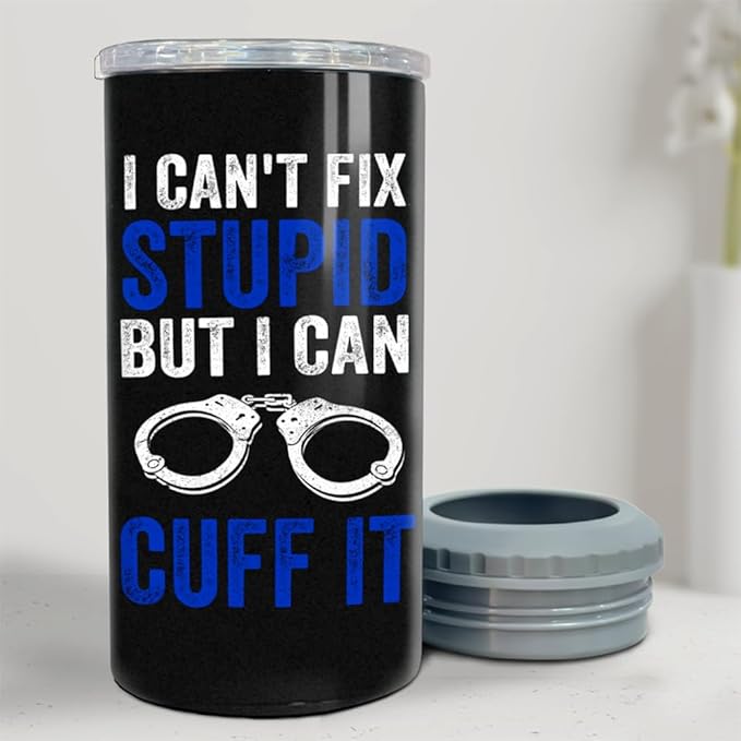 SANDJEST Police Tumbler American Policeman 4 in 1 12oz Tumbler Can Cooler Coozie Skinny Stainless Steel Tumbler Gift for Police Man Dad Father Boy Friends Retirement Birthday Party