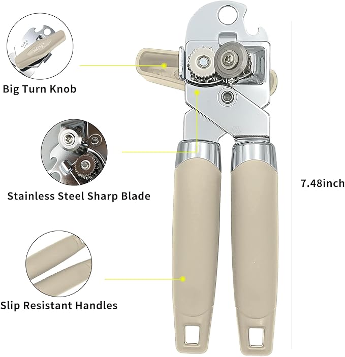 Can Opener Manual, Handheld Strong Heavy Duty Stainless Steel Can Opener, Comfortable Handle, Sharp Blade Smooth Edge, Can Openers with Multifunctional Bottle Opener, Beige