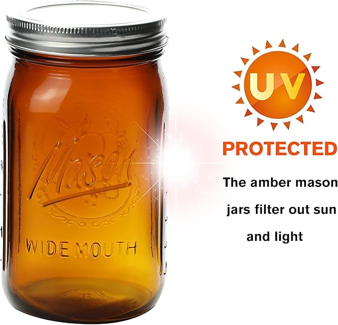 32 oz Wide Mouth Amber Glass Mason Jars (6 Pack) - BPA Free, Air Tight, Leak Resistant - Quart Mason Jars for Canning, Storing Food, Spices, and Meal Prep