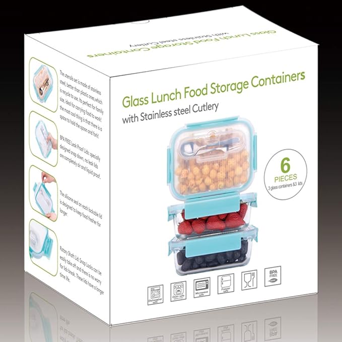 Large Glass Food Storage With Locking Lids - Bento Box Lunch and Meal Prep Containers [3-Pack, 36 OZ]