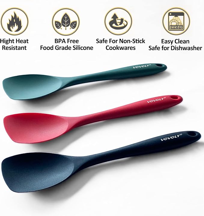Upgrade Silicone Spatula Spoon Set,VOVOLY Heat Resistant Rubber Spoonula, Seamless Non-Stick Flexible Scrapers for Baking Mixing Tool,3 Pack, Red