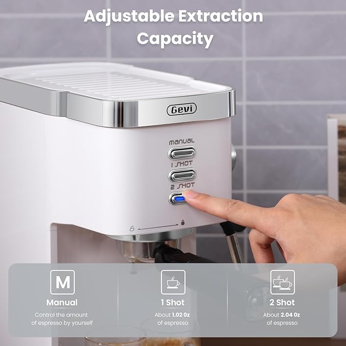 Gevi Professional Espresso Machine 20 Bar, Compact Latte & Cappuccino Machine with Milk Frother Steam Wand, Adjustable Shot Volume, White (Ideal Gift Choice)