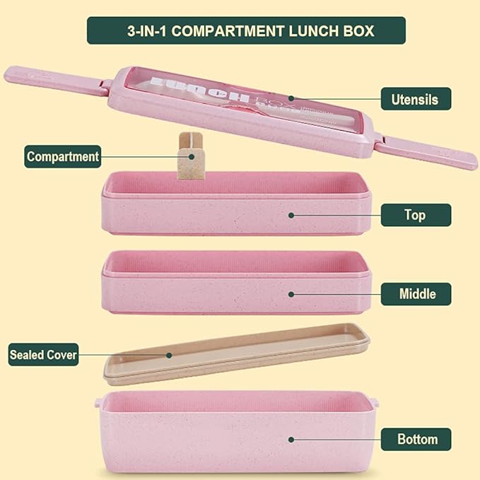 Stackable Bento Box with Lunch Bag, 3 Compartment Japanese Lunch Containers, Wheat Straw, All-in-1 Bento Lunch Box Kit for Adults Meal Prep Lunch Snack by Iteryn