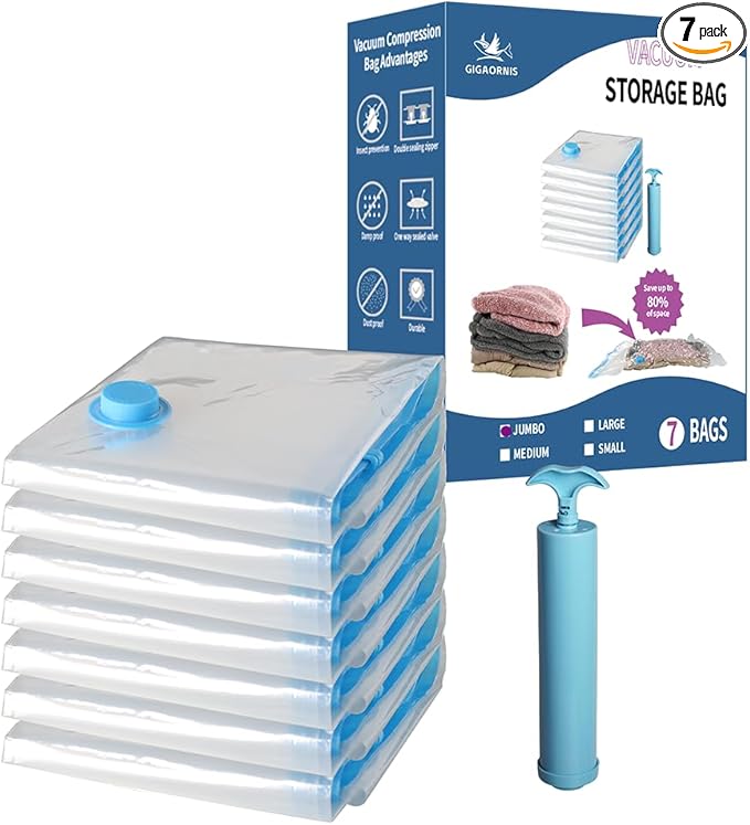 7 Pack Jumbo Space Saver Vacuum Storage Bags for Clothing Travel, Vacuum Seal Compression Bags for Clothes, Packing, Luggage, Blankets, Comforters and Pillows, Hand Pump Included