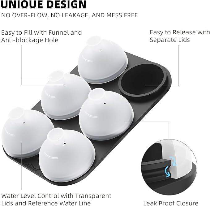 HONYAO Whiskey Ice Ball Mold - 1.8 Inch Silicone Maker With Individual Lid for Easy Fill and Release - 6 Round Sphere Molds for Cocktails and Bourbon