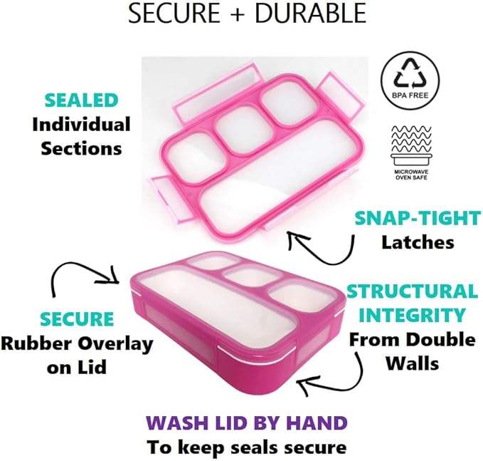 kinsho Bento Lunch Box Kids & Adults. Meal and Snack Containers for Boys, Girls for School Work Travel, 4 Sealed Divided Compartments, BPA Free, Utensils (Rose Pink, 1 Pack)