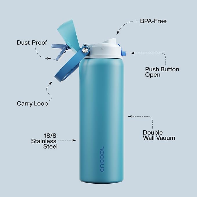 Insulated Water Bottle with Straw - Encool Stainless Steel Water Bottle with Push Button Lid, Leak-Proof & BPA-Free, Keeps Cold for 24 Hours for Sports, Travel, Gym (32 oz, Silk Blue)