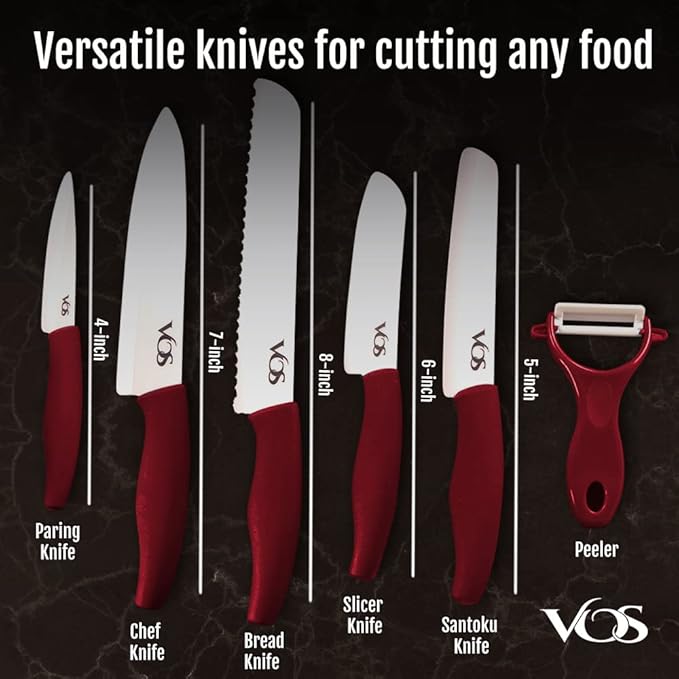 Vos Ceramic Knife Set - Ceramic Kitchen Knives With Peeler, Paring Knives 4", 5", 6", 7", 8" Inch Red