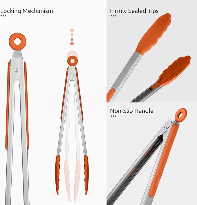 600ºF Heat Resistant Kitchen Tongs: U-Taste 9+12 inch Silicone Cooking Tong Set with Firm Sealed Non Stick Rubber Tips and Silicon Coated 18/8 Stainless Steel Handle for Serving Grilling Salad(Orange)