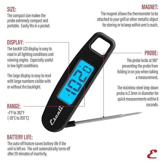 Escali Compact Portable Meat Candy Folding Digital Thermometer, Backlit Display Easy to Storage with Magnet, Black