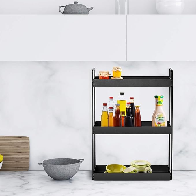 3-Tier Bathroom Countertop Organizer Vanity Tray Cosmetic & Makeup Storage Kitchen Spice Rack Standing Shelf, Black