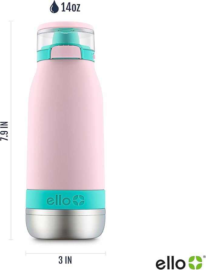Ello Emma 14oz Vacuum Insulated Stainless Steel Kids Water Bottle with Straw and Built-in Carrying Handle and Leak-Proof Locking Lid for School Backpack, Lunchbox and Outdoor Sports