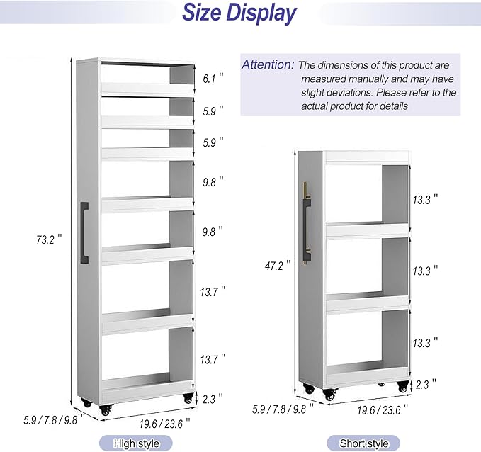 7-Tier Slim Storage Cart, Wooden Rolling Pantry Cabinet with Wheels, Narrow Shelf Organizer for Kitchen, Bakers Rack, Dining Room, Closet, Small Spaces Gray 47.2" H*9.8" W*16.9" D